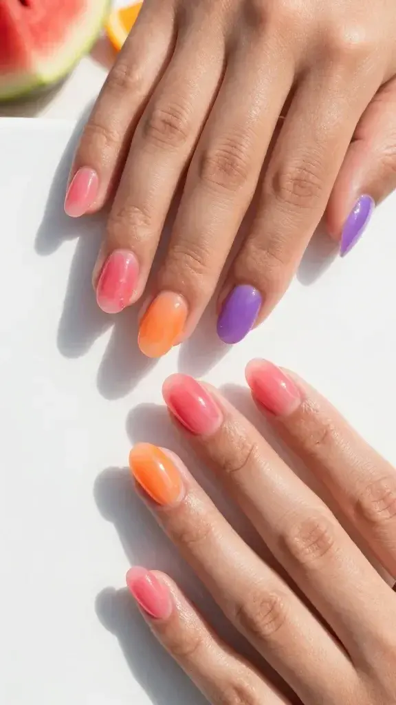 Top-down, hyper-realistic studio photo of a single hand resting lightly on a sunlit, glossy white surface with soft beachy shadows, showcasing short, squoval nails in translucent “jelly” layers: three nails in watermelon pink, one in tangerine orange, one in grape purple. Each nail has a sheer, syrupy stained-glass finish with two to three gel-like layers for glassy depth; visible free edge for that juicy, see-through look; high-shine, wet-look topcoat; no nail art, no glitter. Skin tone medium-warm with natural texture, cuticles neat and hydrated, subtle hand lotion sheen. Lighting bright and diffused to emphasize the glossy reflection and transparency without harsh glare. Color palette saturated yet sheer: playful watermelon pink, citrusy tangerine, unexpected grape purple. Minimal props: faint reflection ring on the surface, a soft blur of a halved watermelon and an orange slice in the far background for mood only (out of focus). Camera: top view, 50mm equivalent, f/5.6, ISO 200, natural daylight feel, crisp detail on nails, realistic color accuracy.