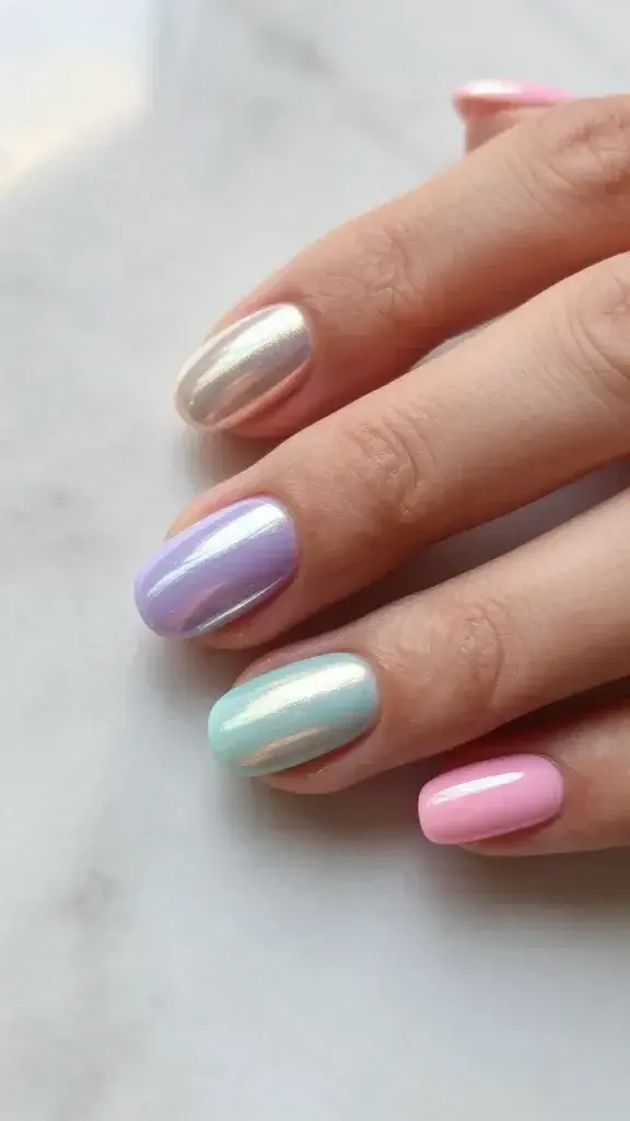 Top-down, hyper-realistic macro photo of a single hand resting on a softly lit marble surface, showcasing short almond nails with a flawless chrome glaze. Base colors alternate: pastel pink on thumb and ring finger, lilac on index, seafoam on middle, and pastel pinky; each nail finished with a fine, even chrome rub for a luminous, dimensional sheen. The chrome shifts subtly: cool silver over lilac and seafoam, warm gold-pearl over pinks, creating a “pearlized” mirror glow that flatters medium-neutral skin tone. Lighting is bright, diffused sunlight from the left to catch every reflective ray without harsh shadows; highlights show crisp, soft-edged specular reflections. Cuticles are clean, moisturized, and natural. Depth of field is shallow for creamy background bokeh, with razor-sharp detail on the chrome texture and glossy top coat. Color balance is soft and summery, no harsh saturation; overall vibe is luxe and effortless, perfect for engagement photos. No jewelry, no props—just the hand and marble for a premium editorial finish. Camera: full-frame DSLR, 85mm macro, f/3.2, ISO 200, 1/160s, white balance daylight.
