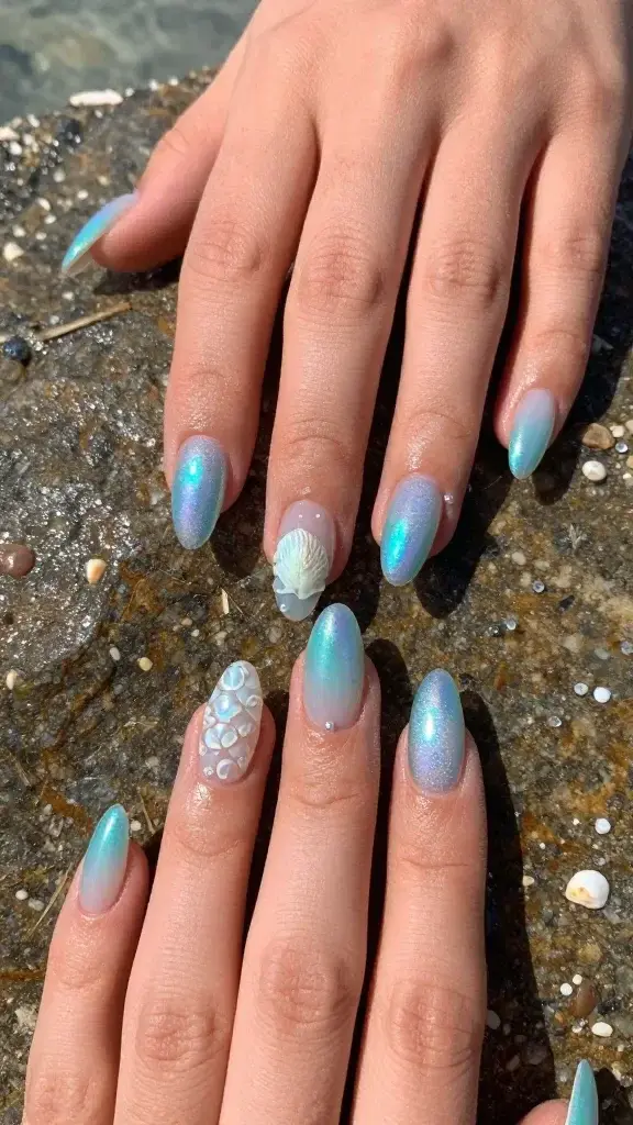 Top-down, high-resolution realistic photo of a single hand resting on sunlit wet beach stone, showcasing medium-length almond nails with a chic “mermaid core” design: sheer blue-green jelly underlayers fading in a soft ombré from clear at the cuticle to aqua at the tips; ultra-glossy, shimmery sea-glass finish with a subtle frosted texture; iridescent chrome-pearl top coat that shifts teal, lavender, and silver in natural light; two accent nails featuring delicate shell decals near the cuticle and fine scale stamping in translucent opal white across the mid-nail; micro-pearls placed sparingly along one sidewall for dimension; ultra-clean cuticles, hydrated skin, natural daylight reflections; background includes a hint of seafoam blur and scattered tiny shells for context; realistic color accuracy, minimal props, editorial beauty photography, shallow depth of field, sharp nail detail.