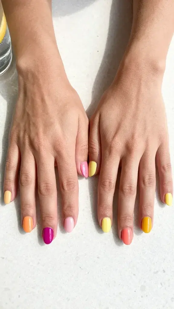 Top-down, high-resolution realistic photo of two hands with neatly manicured nails laid flat on a white terrazzo countertop with soft daylight and subtle shadows; each hand features short, rounded nails in a Sorbet Skittles palette, one color per nail, glossy finish. Left hand from thumb to pinky: mango (soft creamy orange), guava (rosy pink), papaya (pastel coral-orange), dragonfruit (vivid fuchsia), lychee (milky pale pink). Right hand from thumb to pinky: butter (pale pastel yellow), lemon (clean sunshine yellow), marigold (deep golden yellow), peach (soft peach), coral (vibrant pink-coral). Skin tone medium-neutral with hydrated cuticles; no rings; minimal background props—only a translucent glass of sparkling water with citrus slices slightly out of focus in the corner. Natural, even lighting, color-true rendering, macro detail on glossy reflection, 50mm lens look, shallow depth of field with nails in crisp focus, lifestyle editorial aesthetic.