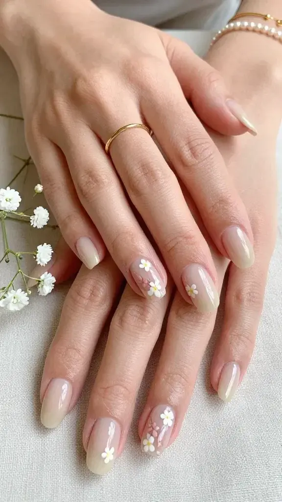 Top-down, hyper-realistic photo of two feminine hands with short, rounded nails resting on a soft linen napkin beside a sprig of baby’s breath; nails feature a sheer, juicy milky beige base with a hint of pink, each nail adorned with minimal micro floral decals: tiny white daisies with pale yellow centers and a few itty-bitty single-stem blossoms in soft blush; on each hand, two to three blooms are clustered subtly near the cuticle for balanced negative space; ultra high-gloss gel top coat creates a dewy, wet-look shine with natural light reflections; clean, hydrated cuticles and skin with a soft, natural sheen; delicate gold stacking rings and a fine pearl bracelet add an elegant wedding-appropriate vibe; background softly blurred in warm daylight tones, color palette of nude, blush, cream, and gentle gold; 85mm macro lens feel, high resolution, photorealistic texture, no heavy filters, true-to-life lighting, editorial beauty photography style.