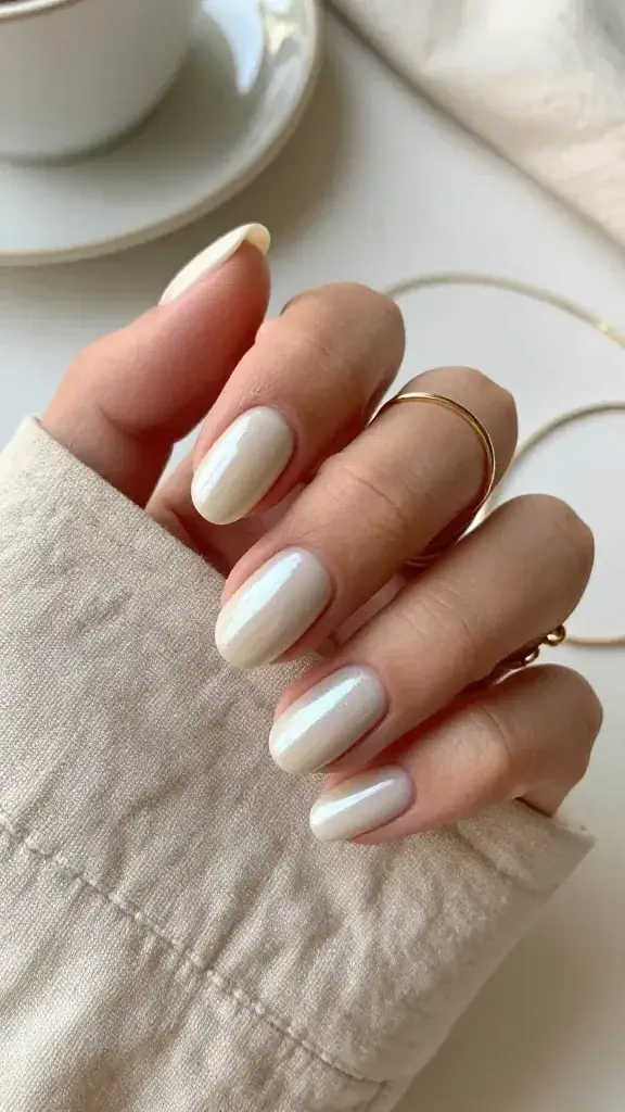 Top-down, hyper-realistic photo of a single hand resting on a soft beige linen surface, showcasing medium-length oval nails with a creamy off-white, neutral vanilla base and a delicate chrome glaze. The chrome is a fine, pearly rub—not mirror-like—creating a subtle lit-from-within glow that catches soft natural window light. The finish is ultra-smooth with a high-shine gel top coat, no visible streaks, and minimal cuticles for a clean-girl aesthetic. Skin tone is warm light-medium with natural texture. Include delicate, minimal gold jewelry: a thin stacked gold ring on the index and a dainty gold bracelet partially in frame to the right, slightly out of focus. Background elements are softly blurred: a pale ceramic dish and a folded ivory knit to enhance the luxe, everyday vibe. Color palette stays warm and neutral (vanilla, beige, soft gold). No harsh shadows, no harsh whites; avoid stark French tips. Focus on the nails’ pearly sheen and refined simplicity.