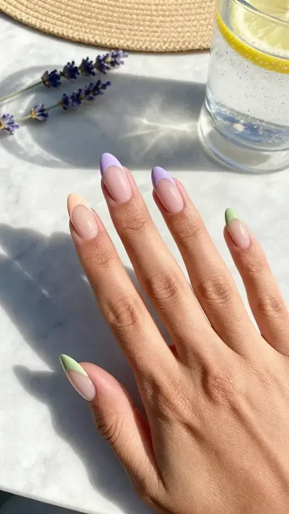 Top-down, hyper-realistic photo of a single hand resting on a sunlit marble tabletop, showcasing a short almond manicure with a modern French tip in three sorbet variations across different fingers: two nails with soft peach tips over a warm nude sheer base, two nails with pastel lavender tips over a cool pink sheer base, and one accent nail with pistachio green tips over a sheer beige base. The tips are thin, perfectly even, and gently curved; the bases are glossy and translucent with subtle natural nail beds visible. Skin tone is medium-tan with warm undertones, moisturized with a natural sheen. Lighting is bright and summery, with soft shadows suggesting late afternoon sun. Background styling hints at vacation vibes: a faintly blurred sprig of lavender, a glass of sparkling water with a lemon slice, and a straw hat brim at the frame’s edge. Color accuracy is paramount: peach is creamy and warm, lavender is cool and powdery, pistachio is muted and milky—not neon. Finish is smooth gel-like gloss, no visible brush strokes. High-resolution macro detail: crisp cuticles, no lint or dust, subtle reflection on the nail surface. Mood is chic, playful, and polished, ideal for rooftop happy hours.