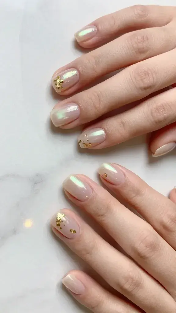 Top-down, ultra-realistic macro photo of both hands resting on a softly lit marble surface, showcasing short, neatly filed oval nails with a sheer oyster glaze (translucent milky nude with pearly iridescent sheen) over a natural nail bed. Each nail features tiny, irregular gold foil flecks applied sparingly—clustered micro specks near the cuticles on the thumbs and ring fingers, with a few random single flecks on the other nails—sealed under a high-gloss, gel-like top coat for a smooth, glassy finish. Skin tone is light-medium with warm undertones, cuticles are clean and moisturized, no visible brush strokes, no harsh shadows. Lighting is bright but diffused to emphasize the pearlescent shift (soft pink-green-blue) without glare. Depth of field is shallow for crisp nail detail with gentle background blur. Color palette: oyster pearl, nude, soft gold, warm marble. Photographic style: editorial beauty flat lay, natural light, 50mm equivalent, no props except subtle gold bokeh reflection in marble to echo foil.