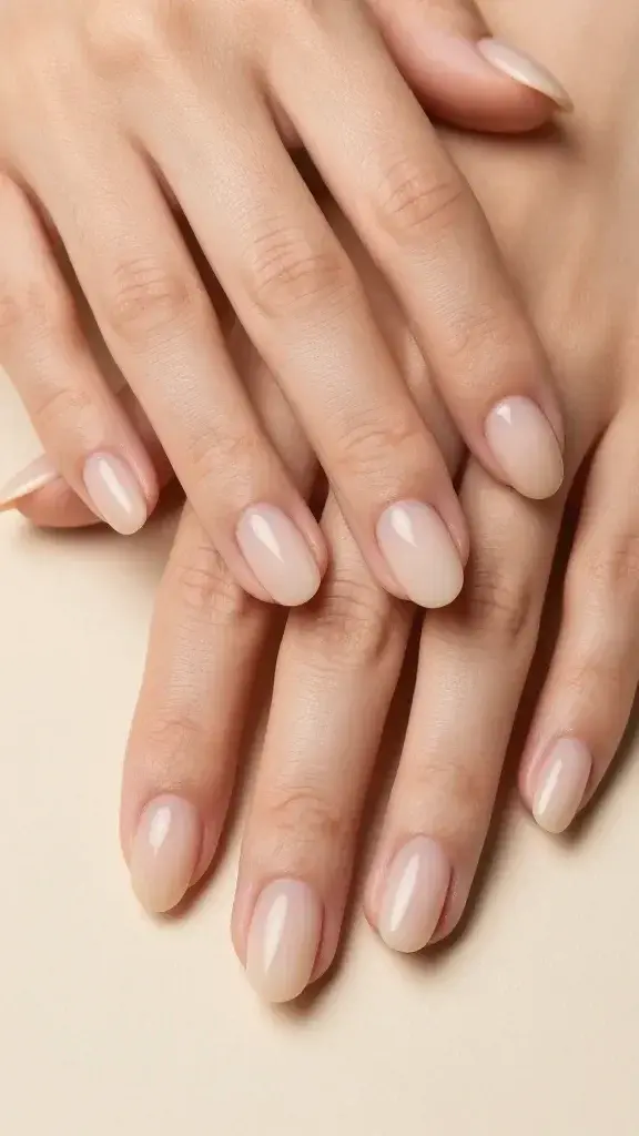 Top-down, hyper-realistic macro photograph of two hands resting on a soft matte beige surface, showcasing medium-length oval nails with a soft ombré nude gradient: from a sheer neutral beige at the cuticle subtly blending into a slightly deeper blush-nude toward the tip, creating a barely-there elongated effect. The gradient is ultra-smooth with no harsh lines, achieved via sponge-blurred transition; each nail has thin, even layers with a natural, gel-like shine (not overly glossy). Cuticles are clean and moisturized, skin tone is light-to-medium with warm undertones, and no visible rings or distractions. Lighting is diffused daylight from above, producing soft shadows and accurate color. Include a shallow depth of field emphasizing the nails’ texture and gradient, 50mm lens equivalent, high-resolution editorial beauty photography, neutral color palette, elegant minimalist aesthetic.