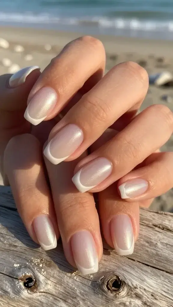 Top-down, hyper-realistic macro photo of a single hand resting on sun-bleached driftwood, showcasing a “Seashell French (Wavy Edge)” manicure: short-to-medium almond nails with a sheer, milky nude base and soft scalloped French tips in pearly white champagne shimmer. Each tip has a gentle, even wave—thin at the valleys, slightly higher at the crests—outlined first with a faint, precise guide line so the curves look crisp yet delicate. Finish is glossy, gel-like, with subtle mother-of-pearl iridescence catching natural coastal light. Skin tone: warm light-medium with hydrated cuticles. No decals or anchors, just understated elegance. Background details: scattered tiny seashells and a hint of white sand grains near the fingertips, blurred bokeh ocean hues in the distance. Lighting: bright, natural golden-hour sunlight, soft shadows, highlights emphasizing shimmer on the scalloped edges. Color palette: milky nude, pearly white, champagne, soft sand, driftwood gray. Camera: 50mm equivalent, top-down overhead angle, high resolution, sharp focus on nail tips, realistic texture of shimmer and gloss.