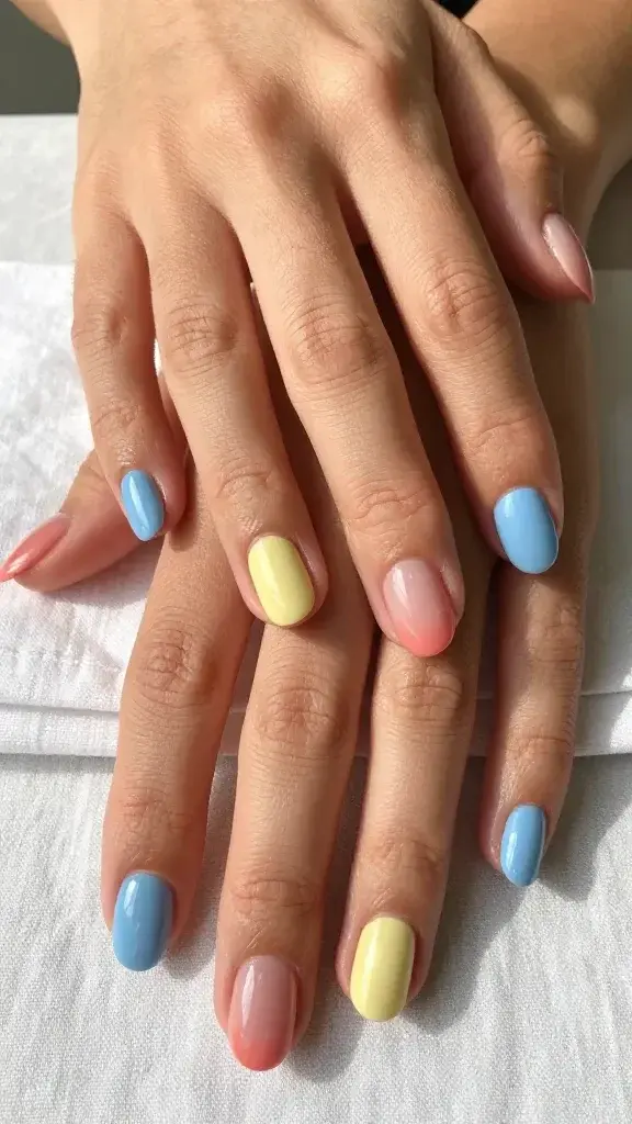 Top-down, hyper-realistic close-up photo of both hands resting on a softly lit linen surface, showcasing a “negative space moons” manicure on short, neatly filed oval nails. Each nail features a crisp, bare natural half-moon at the cuticle with a seamless, sheer-to-clear finish, and the rest of the nail painted in alternating soft summer hues: powder blue on the thumbs and ring fingers, butter yellow on the index fingers and pinkies, and muted coral on the middle fingers. The polish is glossy but not overly reflective, with clean, precise lines around the cuticle arcs. Cuticles are hydrated, skin tone is light-medium with warm undertones, and the hands are relaxed and slightly overlapping to display all nails clearly. Natural daylight from the left creates gentle shadows and a breathable, chic vibe. No jewelry, minimal props—just a folded white linen napkin and a faint ceramic cup edge blurred in the background. High resolution, shallow depth of field, editorial beauty style.
