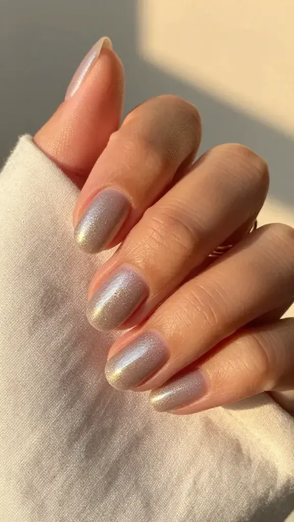 Top-down, high-resolution realistic photo of a woman’s left hand resting lightly on a soft linen napkin at golden hour, showcasing medium-length oval nails with a cool taupe gel base and an ultra-fine, scattered micro-glitter veil. The glitter appears as a delicate twinkle—tiny, evenly dispersed sparkles with no chunky pieces—applied in one sheer coat so the taupe reads clearly beneath. The finish is ultra-smooth and glossy, as if sealed with a gel-like top coat, reflecting soft, warm sunlight. Skin tone is light olive with a natural, hydrated look; cuticles are neat and moisturized. Subtle, elegant styling: a thin gold stacking ring on the index finger, faint bokeh of warm highlights in the background, and a minimal neutral palette (taupe, cream, soft gold). Lighting is natural and warm, emphasizing the micro-shimmer without harsh glare. Camera captures crisp detail of glitter dispersion and glassy surface, true-to-life color, no filters, shallow depth of field with nails in sharp focus.