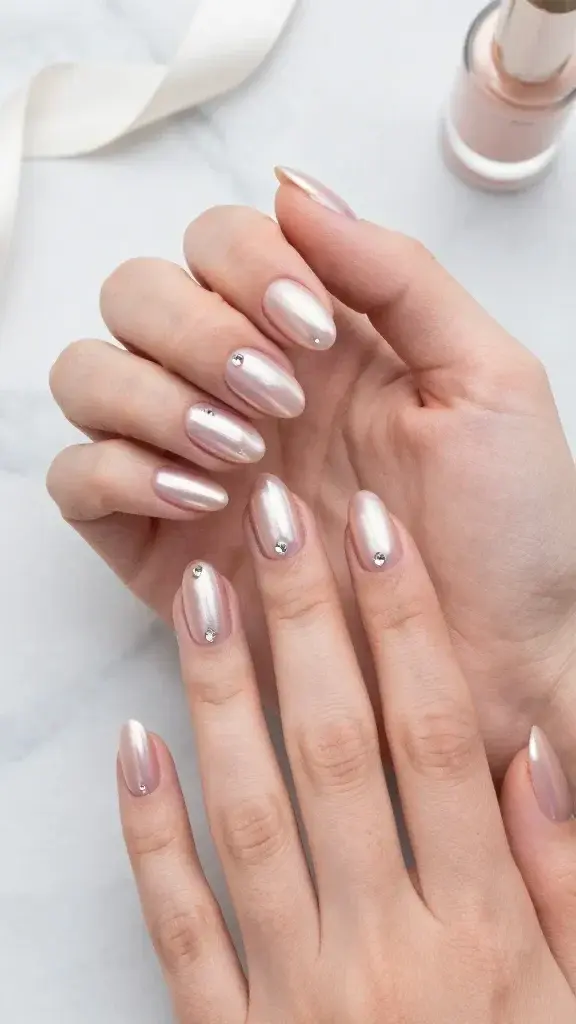 Top-down, high-resolution macro photo of two hands resting on a softly lit marble surface, showcasing a blush chrome manicure with a mirror-like pink-pearl sheen. Each nail features a single tiny crystal (SS3–SS4 size) placed precisely at the center of the cuticle line, aligned and uniform across all nails. Nails are short-to-medium, softly rounded almond shape with ultra-clean, hydrated cuticles. The blush chrome finish shifts subtly between rose and champagne depending on the light. The gems are clear Swarovski-style micro-crystals, sparkling delicately without overwhelming the design. Lighting is bright, diffused studio light to highlight the chrome’s reflective glow and the gem sparkle without harsh shadows. Include a minimal, elegant vibe: a white silk ribbon and a small bottle of clear top coat blurred in the background bokeh. Color palette: blush pink, rose-gold, soft ivory, and silver accents. Hyper-realistic detail, natural skin texture, no visible brush strokes, no dust or lint on nails, editorial beauty photography style.