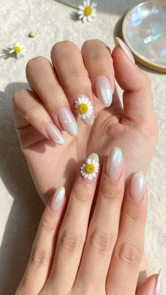 Top-down, hyper-realistic studio photo of two female hands with medium-length almond-shaped nails resting on a softly lit linen cloth. Nails feature a pearl French manicure: luminous pearlescent white gel tips with a subtle opal sheen, seamless gradient into a sheer milky pink base. On each hand, exactly two accent nails (ring and middle fingers) showcase real pressed mini white daisies with sunny yellow centers encapsulated under a crystal-clear builder gel, perfectly smooth and glassy with no air bubbles. The daisies are centered and slightly varied in size for a natural look, with one tiny petal overlap near the free edge for authenticity. High-resolution detail reveals delicate cuticles, healthy skin texture, and soft natural shadows. Lighting is bright but diffused, evoking a sunlit spring morning; color temperature slightly warm. Background props minimal: a few loose dried micro florals and a mother-of-pearl palette dish blurred in the background for context. No visible branding, no jewelry, no distractions—focus on the balanced, cottagecore-inspired, bridal-ready nail art. Photorealism, 85mm macro lens look, shallow depth of field, crisp highlights on the glossy encapsulation.
