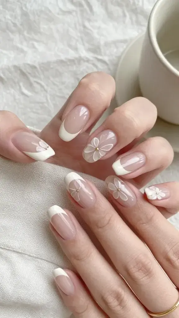 Ultra-realistic top-view photograph of a single hand with medium-length almond nails resting on a soft linen backdrop, showcasing a modern negative-space French manicure with floral details. Each nail features a sheer milky nude base with a crisp off-white French tip; along the smile line, three to four delicate translucent petal shapes are carved from negative space, outlined with ultra-fine white or soft beige detailing. A micro gold dot sits at the center where the petals meet, giving a subtle luxe accent. The petals appear airy and see-through, like tiny flowers blooming from the smile line, with razor-sharp cuticle lines and high-gloss gel shine. Lighting is natural and diffused, emphasizing texture, skin tone, and the glassy finish. Fingers are gently splayed for full visibility of all nails. Minimal styling: a thin gold ring and a neutral ceramic cup partially in frame to suggest a chic, artsy lifestyle. Color palette: milky nude, off-white, soft beige, micro-gold. Hyper-detailed macro capture, 50mm lens look, shallow depth of field, no harsh shadows, no clutter, photorealistic.