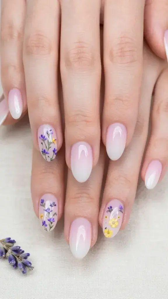 Top-down, hyper-realistic studio photo of a single hand with medium-length almond nails featuring a soft pink-to-white ombre French base; two accent nails (ring and middle) display delicate, scattered mini wildflowers: tiny lavender sprigs with fine green stems, baby violets with subtle lilac tones, and petite buttercups with buttery yellow centers and soft petals; remaining nails are clean ombre with a sheer, glossy finish. Skin tone is fair-neutral with cool undertones, cuticles neat and moisturized. Subtle palette cues: lavender and lilac hints, buttery yellow accents, and a touch of dusty blue micro-dot detailing for airy balance. Lighting is bright, diffused daylight that enhances the gloss and soft gradient without harsh reflections. Background is a matte, pale linen beige that evokes a picnic blanket mood; a faint out-of-focus sprig of dried lavender in the corner for context. Ultra-sharp macro detail on floral linework, soft bokeh on edges, natural color grading, no visible branding, no jewelry, realistic texture and depth.