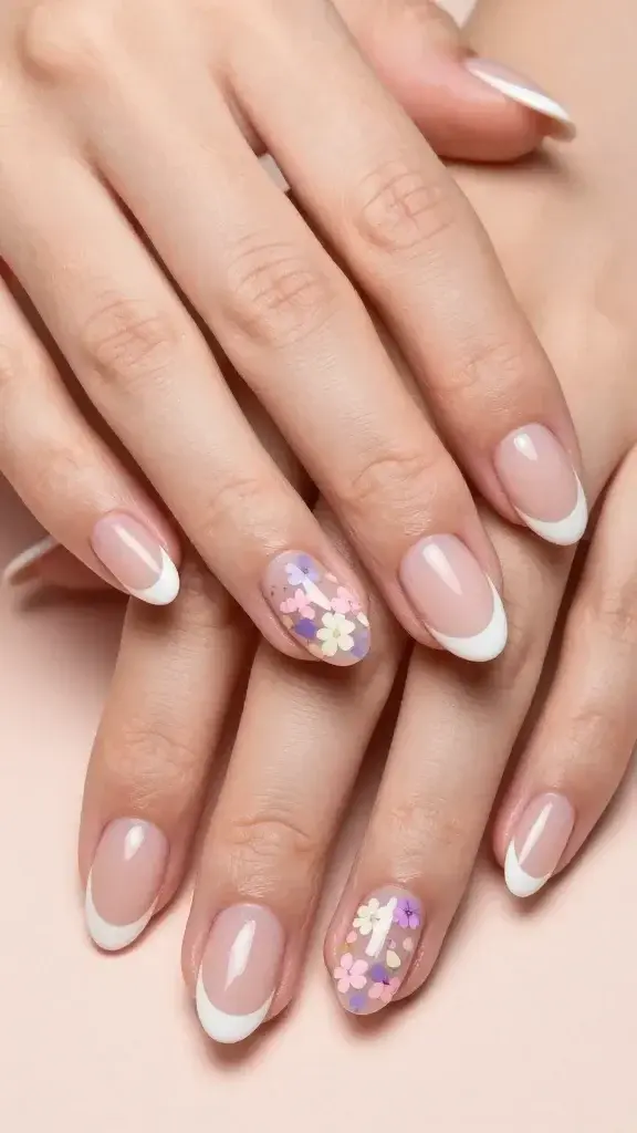 Top-view, hyper-realistic close-up photo of both hands resting on a soft matte blush background, showcasing short-to-medium almond nails with a micro-French design: an ultra-thin, crisp white line precisely hugging the very tips. Two to three nails per hand feature scattered floral confetti decals in cohesive pastel tones—blush pink, lilac, and buttercream—arranged like tiny pressed flowers and petals with delicate placement near the free edge and subtly drifting toward the center. Nails have a sheer, milky nude base with a glossy, rubber base/builder gel finish that appears smooth and cushiony, no visible brush strokes. Cuticles are clean and hydrated, skin tone is natural and even, lighting is soft and diffused to emphasize the high-shine surface and fine detail of the micro line and florals. Depth of field is shallow, focusing sharply on the nail art textures, with subtle natural shadows and no props or jewelry to distract. Photorealistic, studio-quality, elegant, modern, minimal.