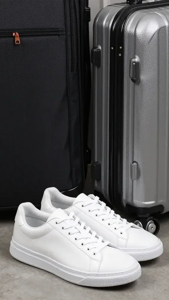 white sneakers beside compact carry-on suitcase
