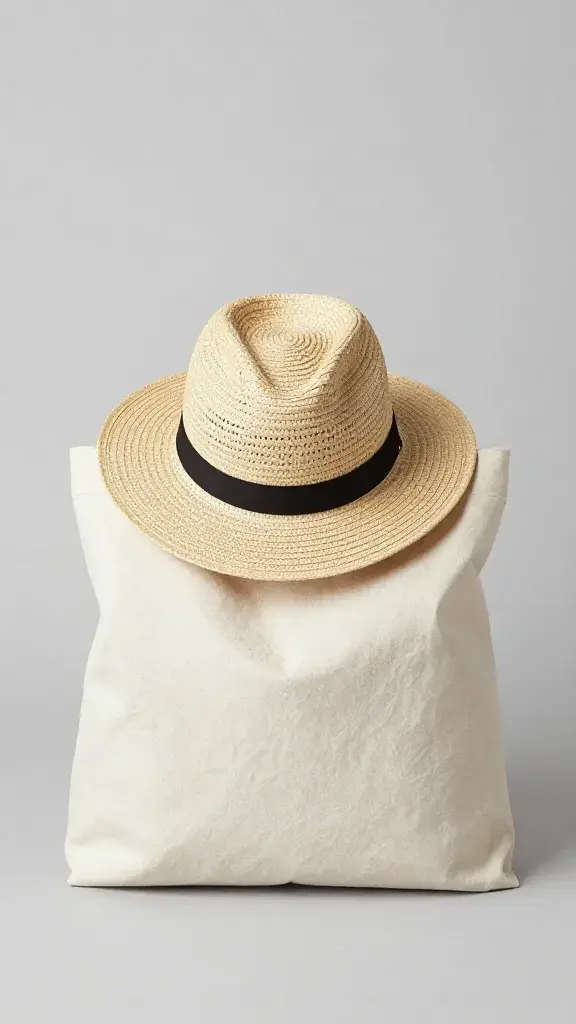 straw hat resting on minimalist weekender bag