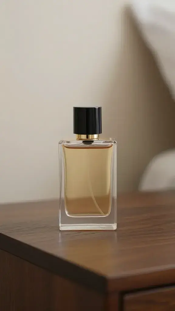 single perfume bottle on hotel nightstand