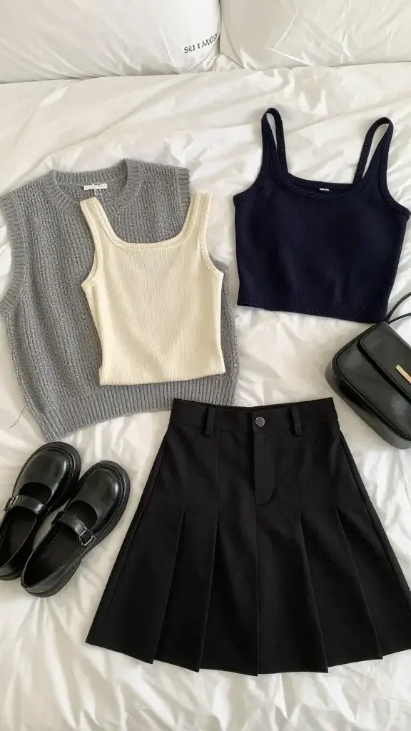 three mix-and-match outfits laid on bed