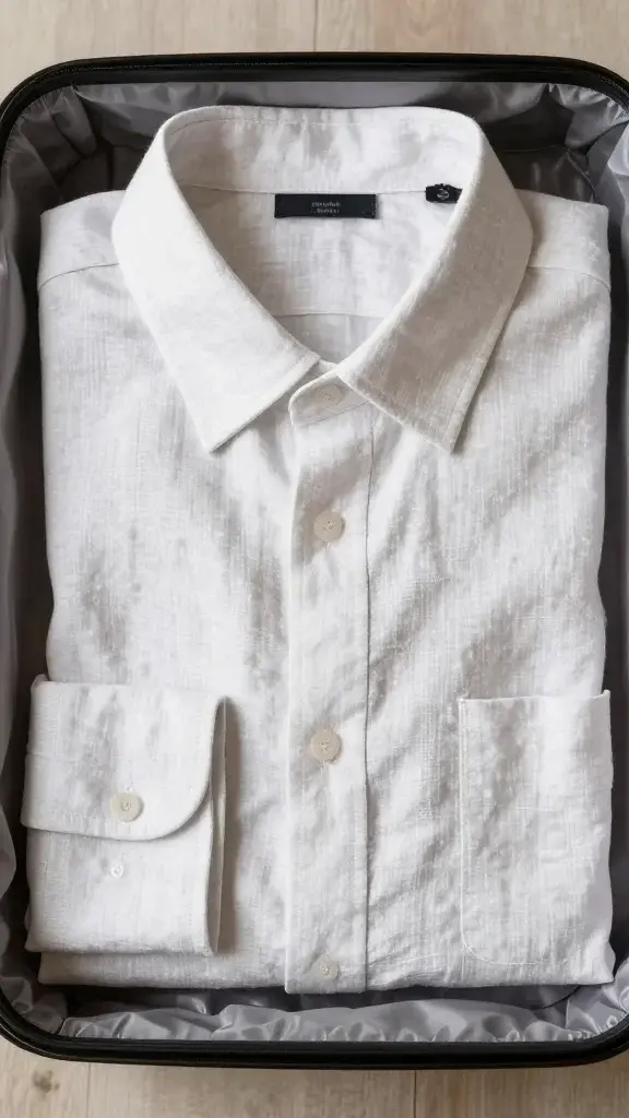linen shirt neatly rolled in suitcase