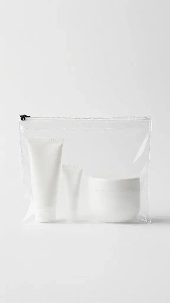 minimalist travel toiletries in clear pouch