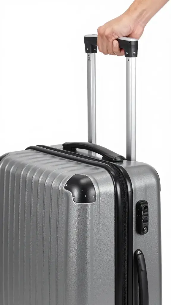 traveler’s hand pulling lightweight spinner suitcase