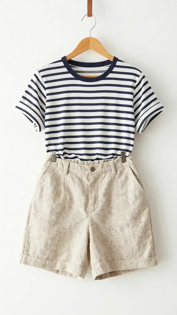 linen shorts and striped tee on wooden hanger