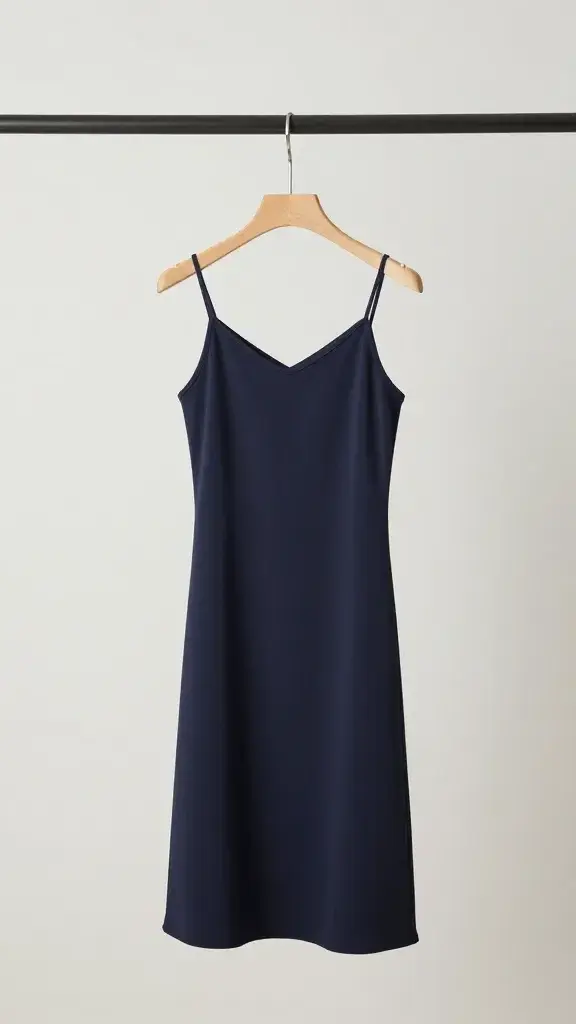 navy slip dress on minimalist clothing rack