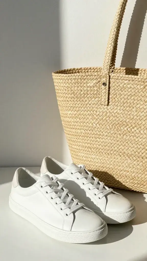 white sneakers beside straw tote, morning light