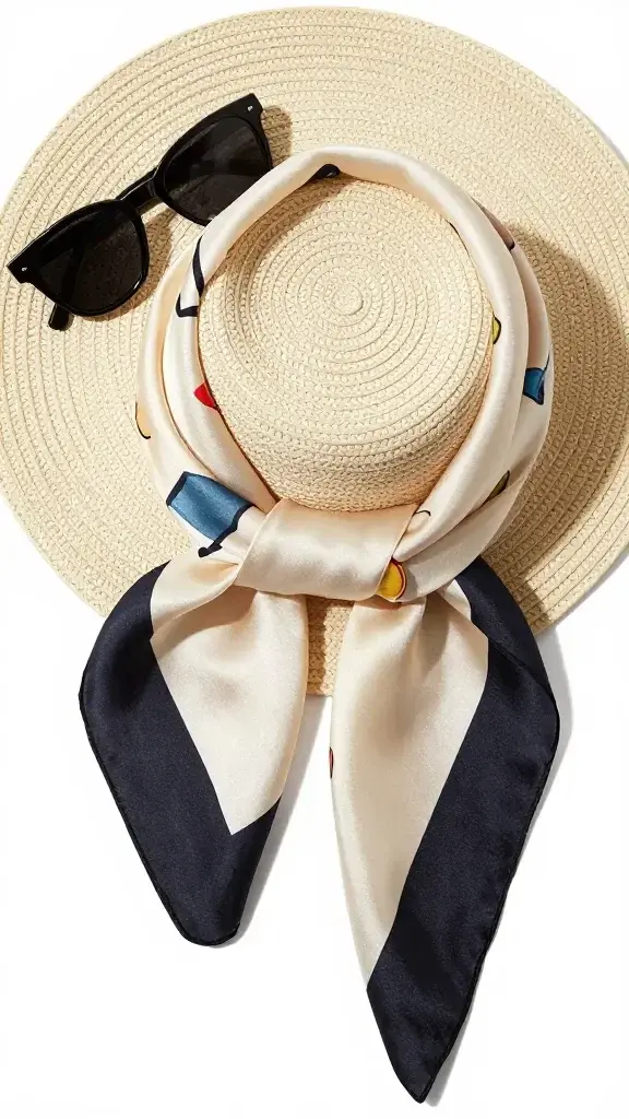 silk scarf and sunglasses atop woven hat