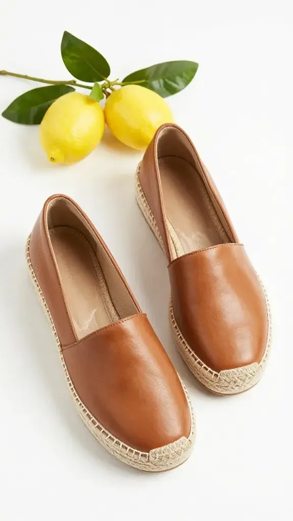tan leather espadrilles beside lemon branch