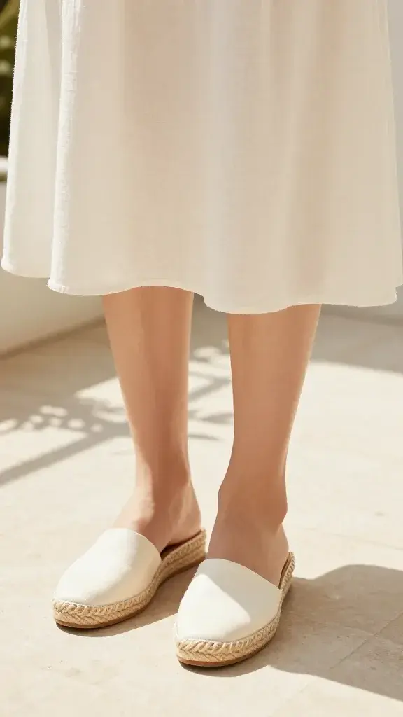 sundress hem with cream espadrilles, sunlit terrace