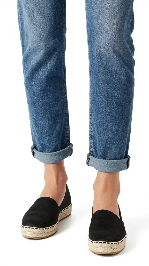 beat-up jeans cuffed over black espadrilles