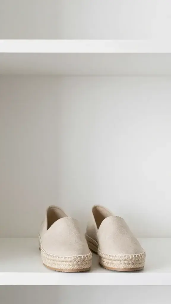 minimalist wardrobe shelf with neutral espadrilles pair