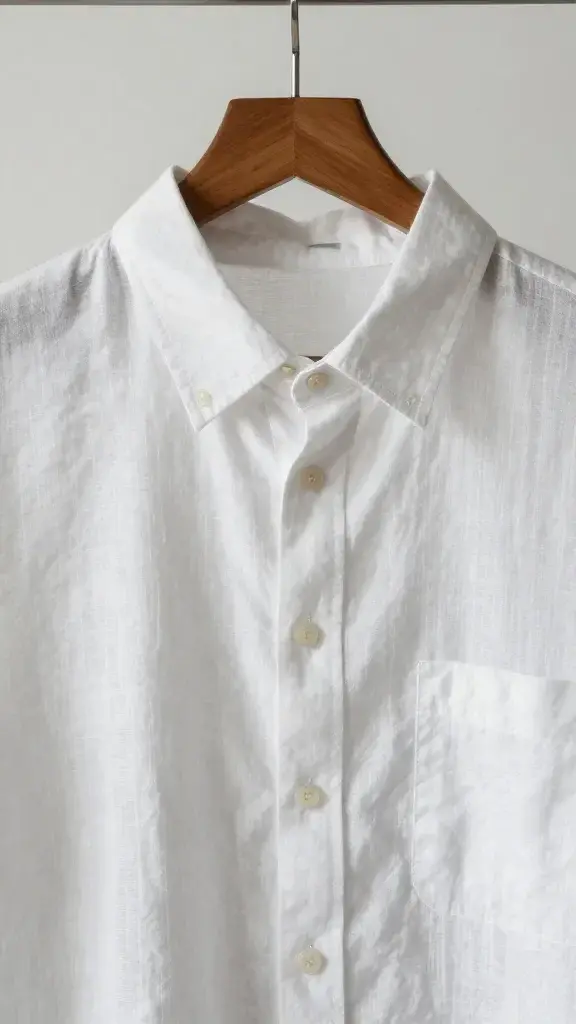 White linen button-down on wooden hanger, natural light