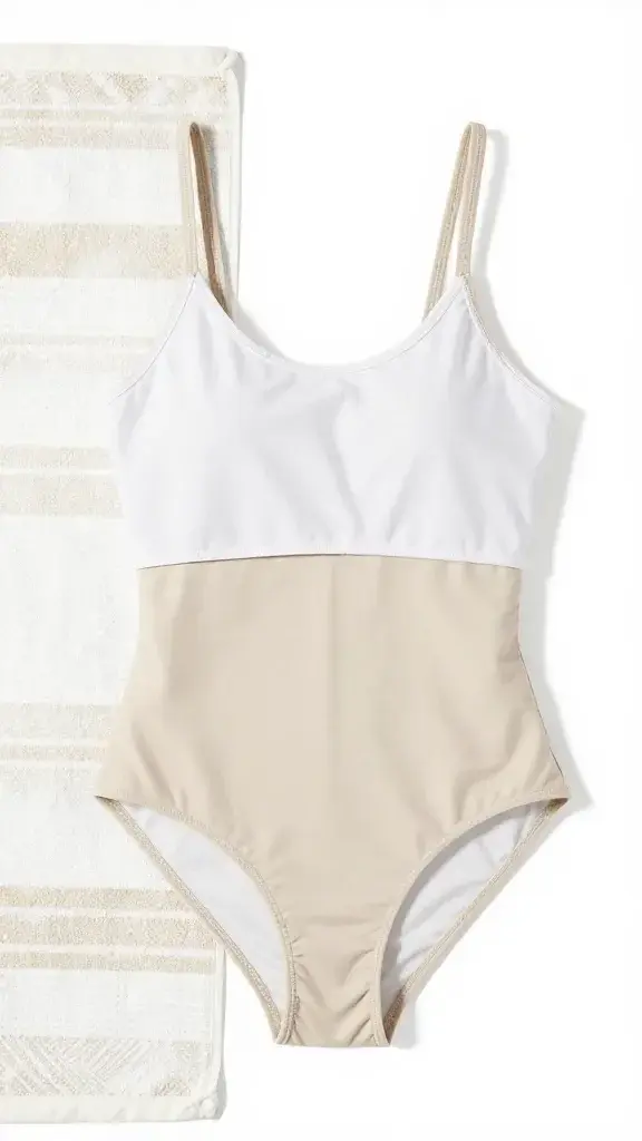 Neutral swimsuit with white shirt cover-up, beach towel