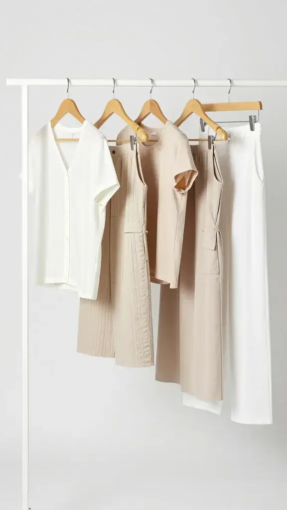 neatly arranged summer capsule wardrobe on white rack