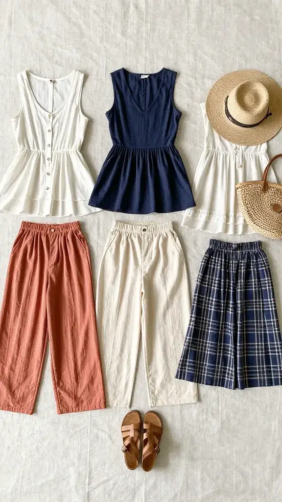five favorite summer outfits laid flat on linen