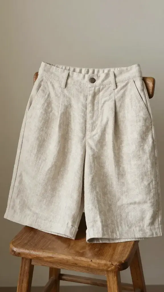 wide-leg linen shorts folded on wooden stool