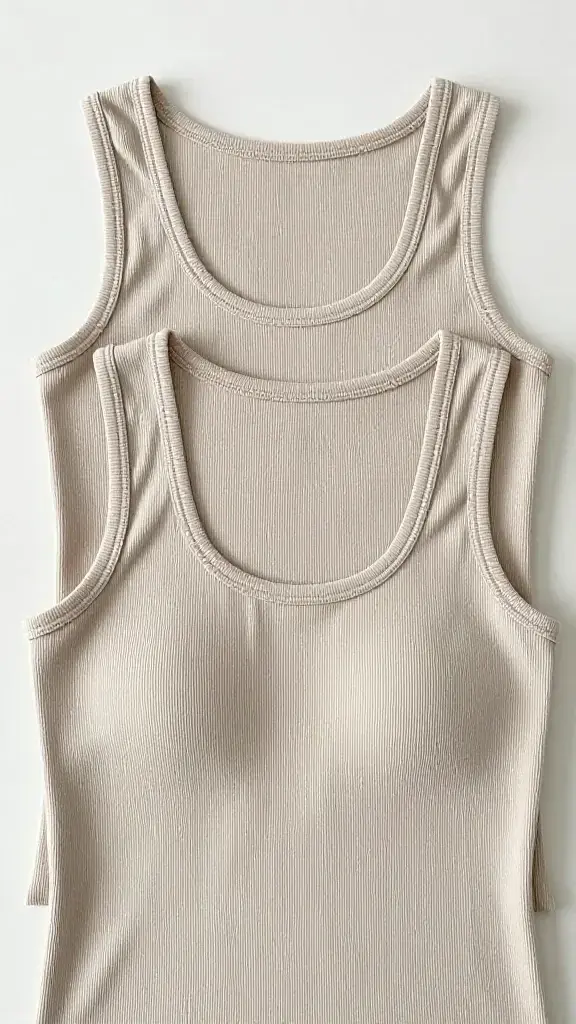 fitted ribbed tank tops stacked, neutral tones