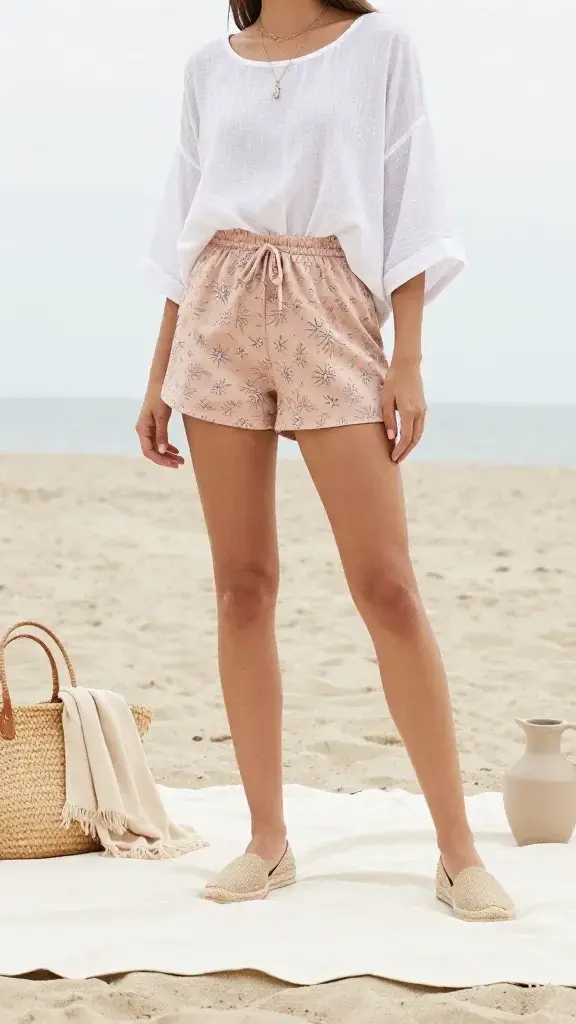 Minimalist beach picnic: a woman in faded micro-floral print swim shorts (muted blush and sand tones), white gauzy cotton tunic with rolled sleeves, espadrille flats in natural jute, and delicate layered necklaces. On a cream canvas blanket: a straw tote, beige throw, and neutral ceramic water jug. Overcast bright sky, soft, editorial composition.