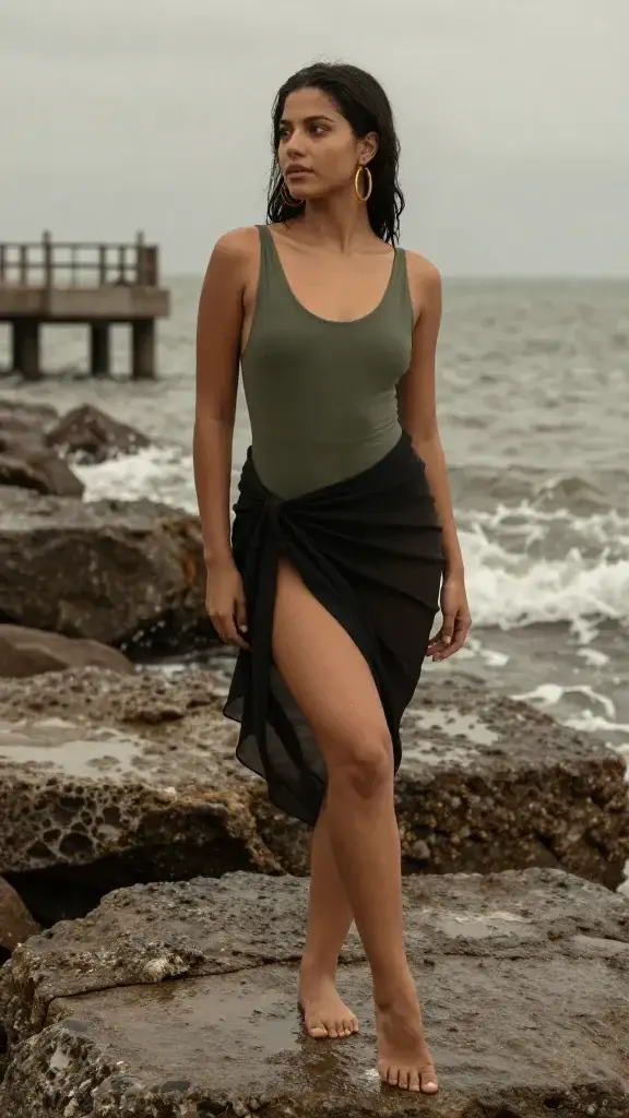 Seaside rock jetty scene: woman perched gracefully, wearing an olive green scoop-neck one-piece (base), gauzy black sarong wrapped asymmetrically around the hips (layer), and bold gold hoop earrings catching the light (statement). Wet rock texture, soft waves splashing, muted earthy palette.