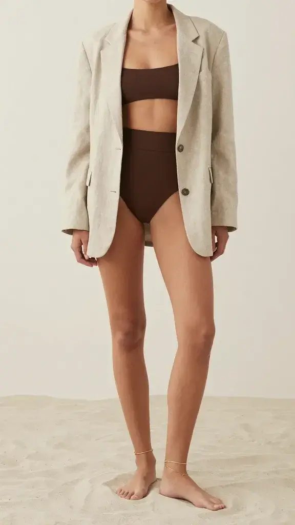 Minimalist editorial on pale sand: woman standing with relaxed posture, espresso-brown high-waist bikini (base), oversized oat-colored linen blazer draped over shoulders (layer), and layered delicate gold anklet (statement). Neutral monochrome styling, soft soft shadows, horizon line low.