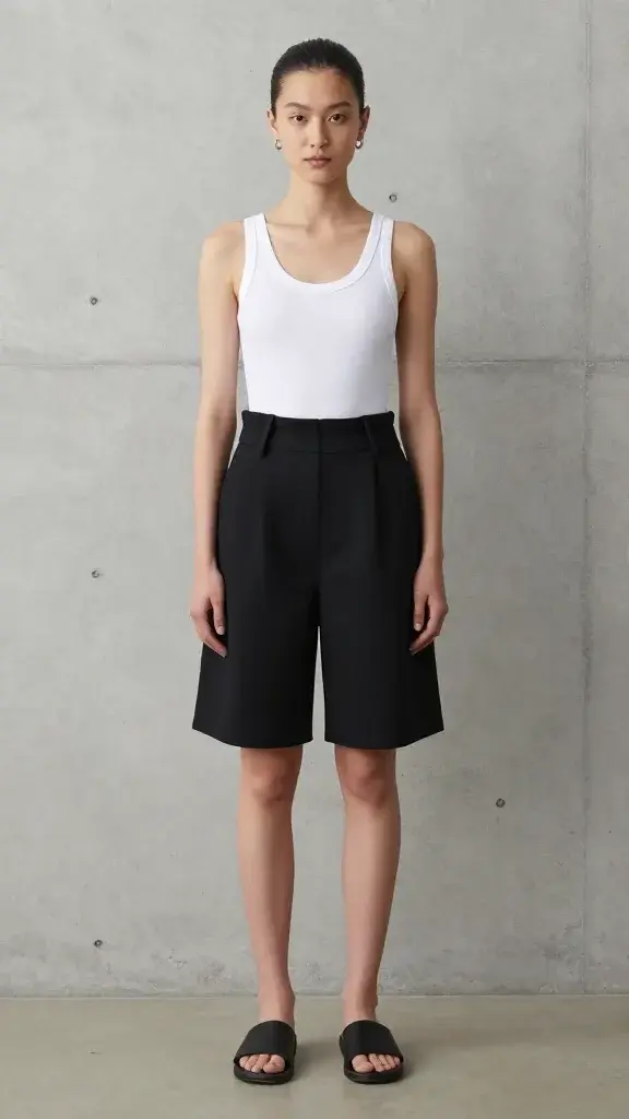 Minimalist monochrome: a white longline tankini top with thick straps and a subtle underband, styled with black tailored paperbag-waist shorts, black slide sandals, slicked-back low bun, small silver hoops, standing against a textured concrete wall for a clean editorial feel.