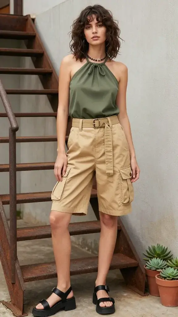 Tomboy cargo mix: olive matte halter tankini top with tie at neck, tucked into tan cargo shorts with large pockets and a fabric belt, chunky black sandals, layered beaded anklet, tousled shoulder-length hair, posing near a rusty metal staircase and potted succulents for a utilitarian aesthetic.