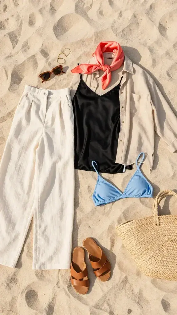 Golden-hour beachside flat lay on pale sand: ivory linen wide-leg trousers, black silk tank, sand-colored oversized linen shirt, coral silk scarf, sky-blue bikini, tan leather sandals, woven straw tote with tortoiseshell sunglasses, minimal gold hoop earrings; soft shadows, breeze-ruffled fabrics, no text.