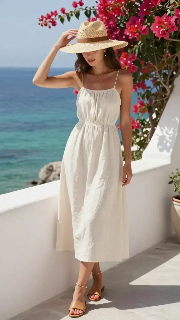 Elegant woman on a whitewashed Mediterranean terrace overlooking turquoise sea: wearing an ivory linen midi dress with thin straps, tan leather slides, gold anklet, straw sun hat in hand; coral pedicure, delicate layered gold necklaces; warm sunlight, bougainvillea in background, airy and polished.