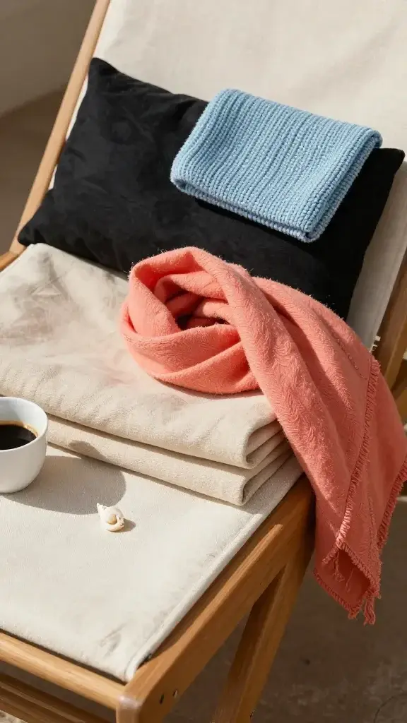 Close-up texture study on a teak lounge chair: stacked fabrics—linen (ivory), cotton poplin (sand), silk blend (black), lightweight knit (sky blue); a coral scarf draped casually, sunlight catching natural slubs, tiny seashell and espresso cup nearby.