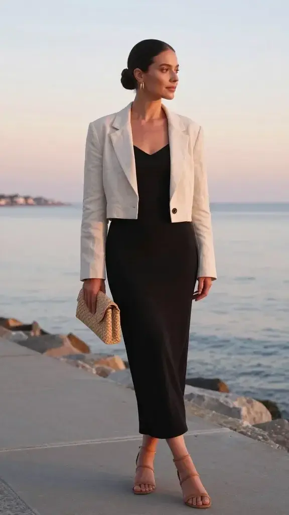 Sunset seaside promenade: woman in black slip dress with a cropped ivory linen blazer over shoulders, strappy tan sandals, woven clutch, slick low bun; gold drop earrings catching light, pastel sky and calm water behind, refined and effortless.