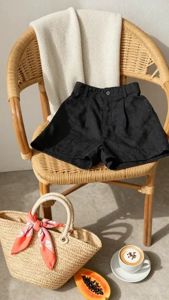 Breakfast patio table vignette: rattan chair with ivory lightweight knit draped over back, black high-waisted linen shorts folded on the seat, coral scarf tied around the handle of a straw bag on the floor; cappuccino, sliced papaya, morning light.