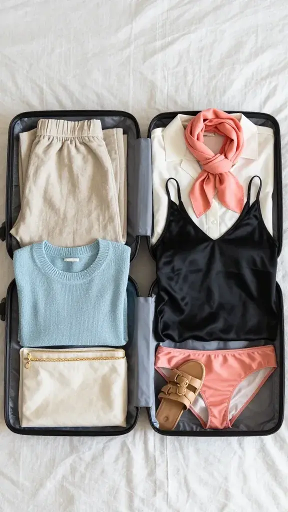 Minimal hotel room packing scene: open carry-on on linen bedspread showing neatly rolled pieces—sand linen trousers, sky-blue lightweight knit, ivory poplin shirt, black silk tank, coral scarf, swimwear; tan sandals tucked in side pocket, gold jewelry pouch, airy neutral palette.