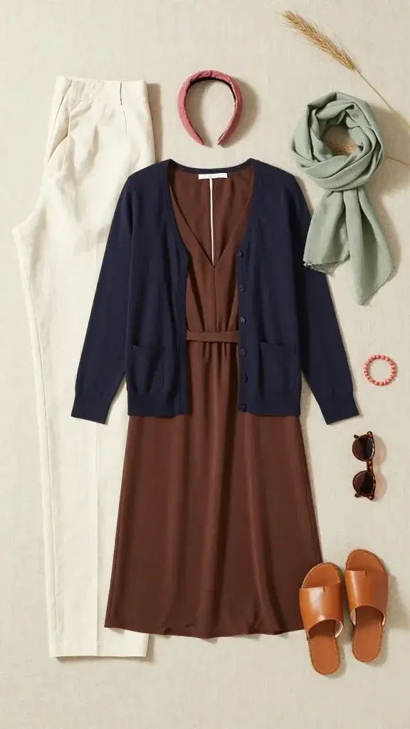 Flat lay on a neutral linen backdrop: capsule palette items arranged neatly—ivory linen trousers, cocoa midi shirt dress, navy lightweight cardigan, sage scarf, dusty rose headband, tan leather slides, tortoise sunglasses, small coral beaded bracelet; soft shadows, beach grass sprig for mood, no text.